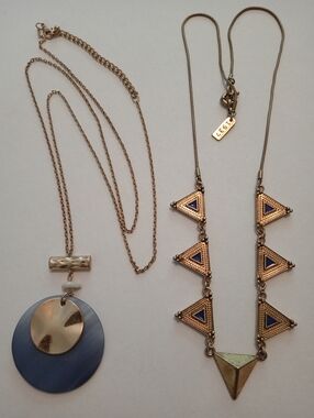#1203. 2 Piece Gold Toned, Shell Pendant & Blue Statement Necklace Bundle